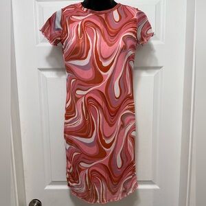 ART CLASS Swirl Print Mesh Mini Dress Y2K Retro‎ Wavy Sheer Overlay Psychedelic